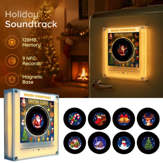 Magnete per Giradischi con Luce Notturna, Magnete per Frigorifero in Vinile, 9 Dischi Programmabili, Memoria da 128MB, Nessuna Musica, Luce LED Personalizzabile, Personalizzazione Magnetica NFC