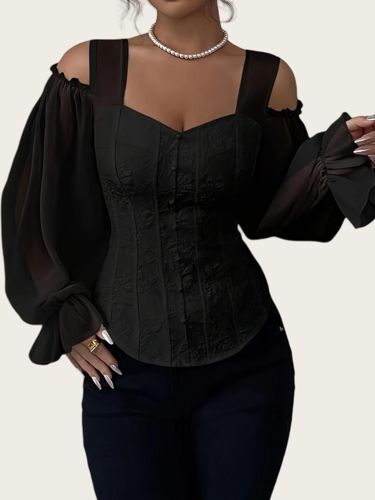 Women's Elegant Off-the-Shoulder Floral Jacquard Shirt - Square Neck, Long Sleeve, Slim Fit