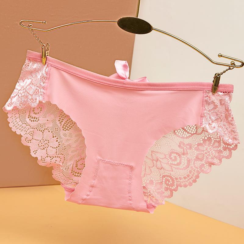 Women's Printed Ice Silk Underwear with No Trace Low Waist Bow Hollow Lace Triangle Pants