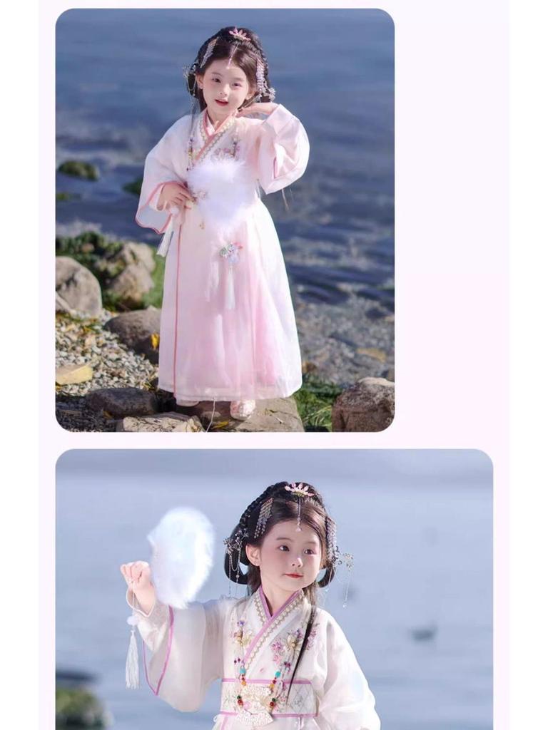 Zestaw Hanfu dla dziewczynek: Szata z Okresu Walczących Królestw z Haftem, Styl Chiński, Wiosna/Jesień, Inspirowana Bajkami dla Dzieci