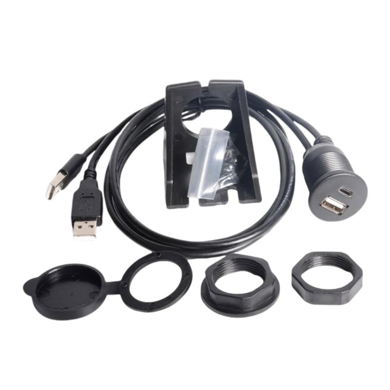 USB 2.0 Extension Cord with Double USB A Male to USB and Type C Female Ports 1M Length for Vehicle