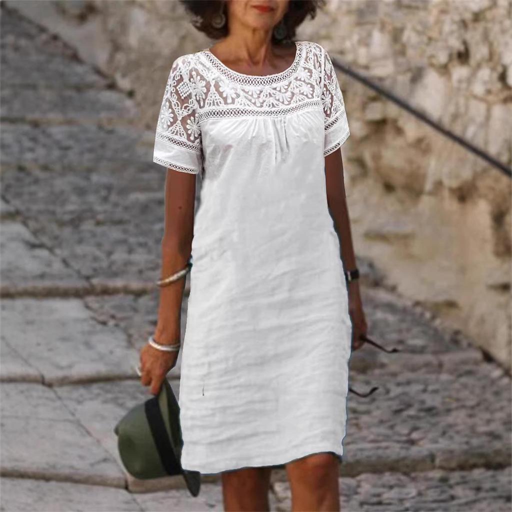 2026 Spring/Summer Casual Lace Patchwork Round Neck Cotton Linen Solid Color Short Sleeve Dress