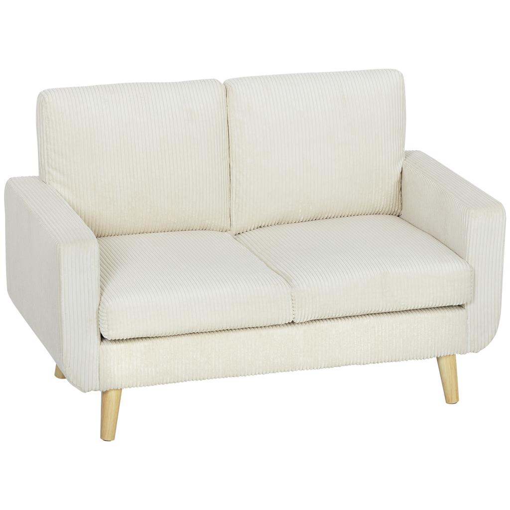 Two-Seater Corduroy Sofa, 134 cm Wide, Upholstered Seat, Spring Cushion, Cream