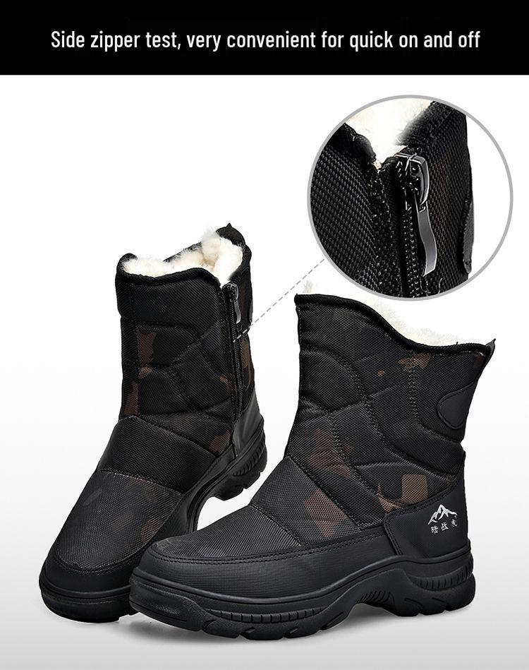Men's Black High-Top Winter Snow Boots - Thickened, Non-Slip, Warm Cotton, With Zipper