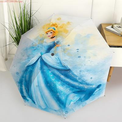 Disney Cinderella Blue Sparkle Watercolor Art Automatic Tri-Fold Umbrella, Waterproof Anti-UV Windproof Compact Travel Umbrella