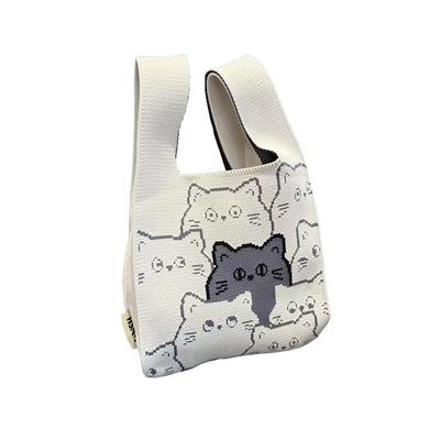 Huimei Knit Bag, Knit Tote Bag, Women's Mini Bag, Handbag with Cat Print, Cute, Compact, Lightweight, Soft, Casual, Sub-Bag (White)