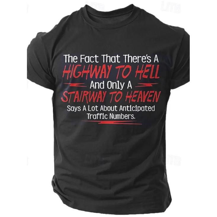 Funny Traffic Joke T-Shirt - Highway to Hell & Stairway to Heaven Traffic Numbers Pun, 100% Cotton Casual Short Sleeve Tee with Red/White Print S чёрный