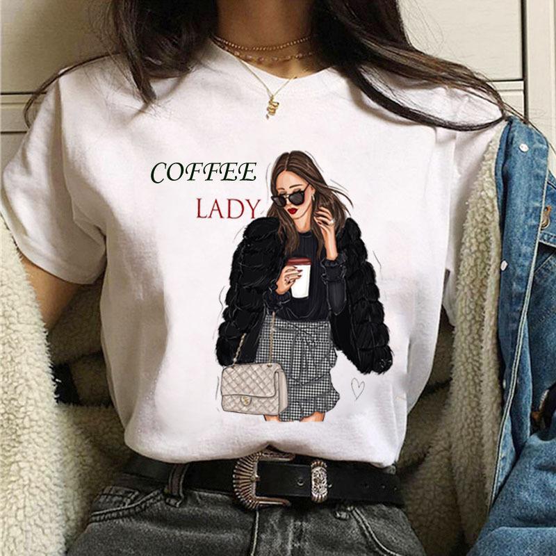 Summer Fashion Coffee Girl Urban Base Shirt Round Neck Pure Cotton Short Sleeved Women's T-Shirts Women’s