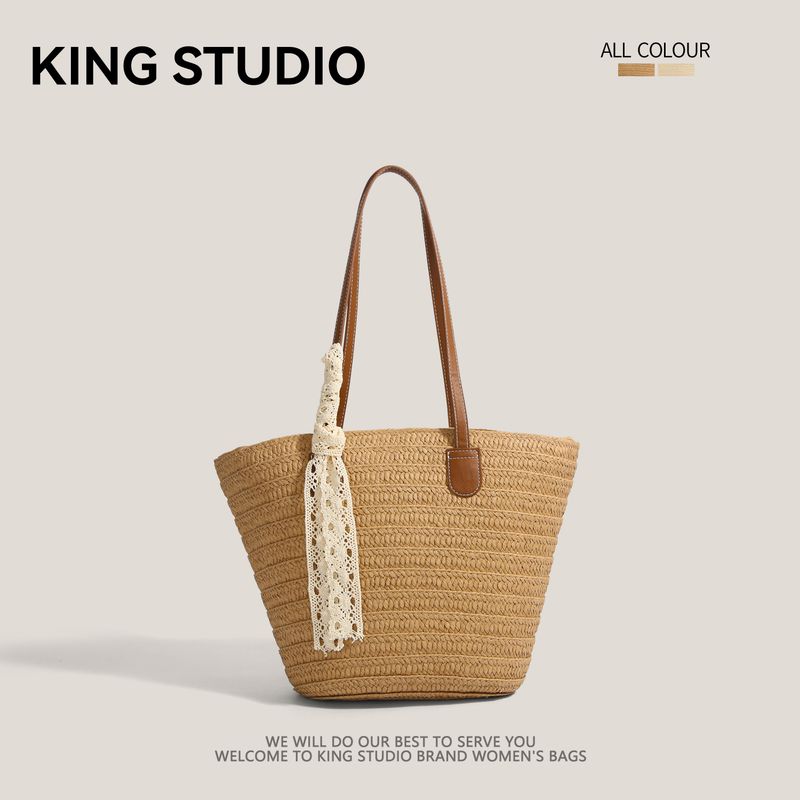 

Large Capacity Straw Bag Women 2025 New Summer Seaside Vacation Beach Bag Vegetable Basket Bucket Bag Tote Bag Khaki