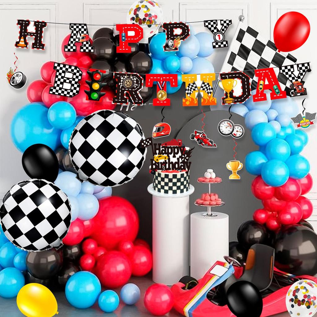Rennauto-Geburtstagsdekorationen, Rennauto-Geburtstagsparty-Dekorationen, Partygeschirr-Set, Geburtstagsteller, Servietten, Luftballons, hängende Wirbel usw.