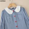 VONDA Elegant Women Lapel Neck Long Sleeve Patchwork Ruffled Shirts Dress