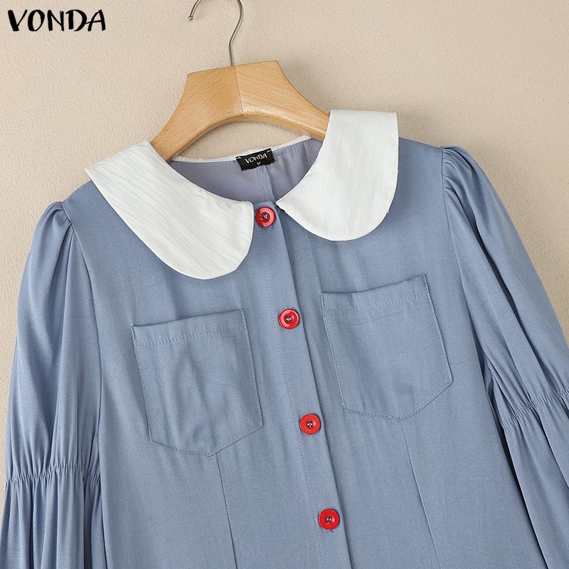 VONDA Elegant Women Lapel Neck Long Sleeve Patchwork Ruffled Shirts Dress