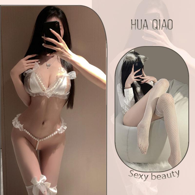 Sexy lingerie sexy lace three-point small chest shows big pearl seduction thong no-take suit female tease