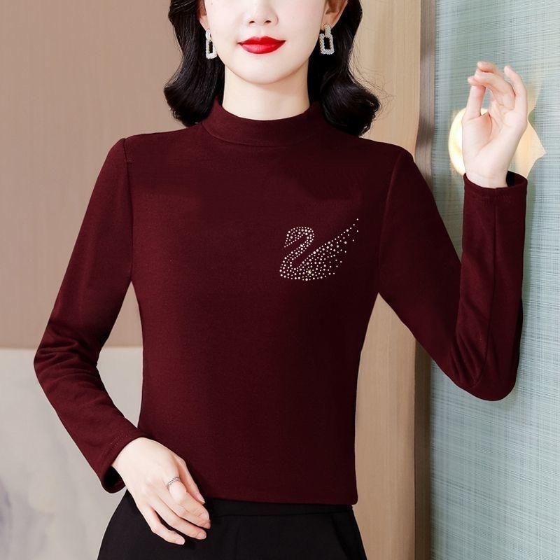 Autumn Winter Style German Velvet Thickened Warm Half Turtle Collar Hot Diamond Pullover Versatile and Comfortable Top for Women