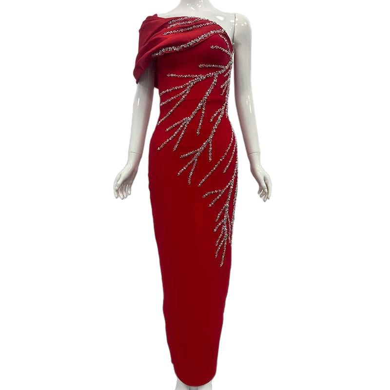 Elegant Handmade Beaded Off-the-Shoulder European & American Bandage Evening Dress