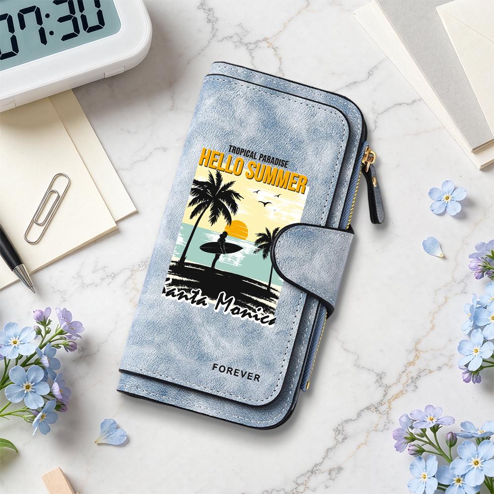 Vintage Summer Beach Pattern Long Wallet Portable Casual Card Holder Fashionable Daily Carry Purse