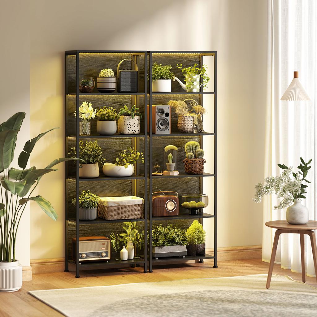 Bookshelf with 5 Levels, Standing Shelf with LED Lighting, 7 Light Colors, for Living Room, 60 x 30 x 179 cm Black