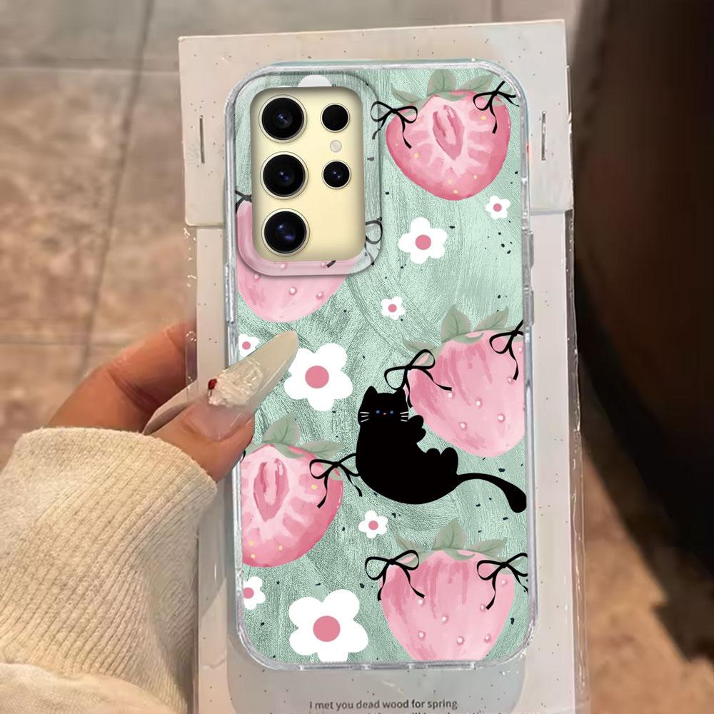 Pinke Frucht Kirsche Schmetterling Feder Textur Handyhülle für Samsung Galaxy S25 S24 S23 S22 S21 FE Plus Ultra Hülle Silikonabdeckung