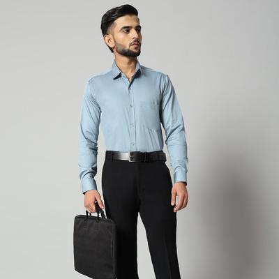 Men's Light Blue Formal Cotton Satin Long Sleeve Shirt - 90% Combed Cotton 10% Satin