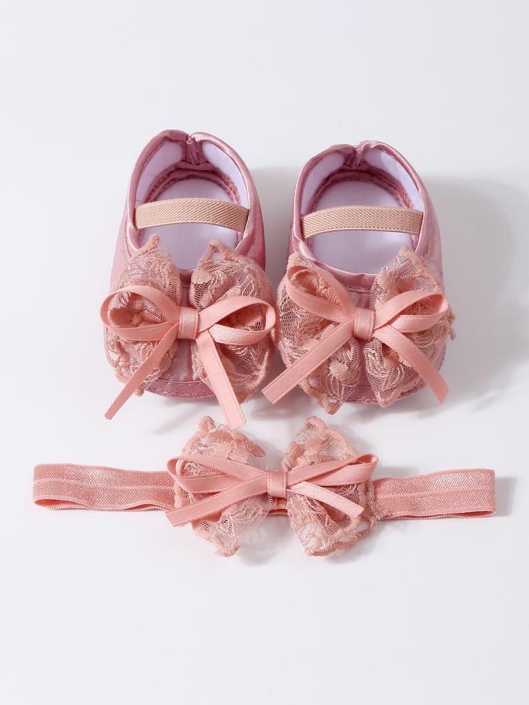 Elegant Lace Pearl Tulle Bow Baby Crib Shoes Matching Stretch Headband Set, Non-Slip Flexible Sole Toddler First Walkers Princess Outfit Accessory