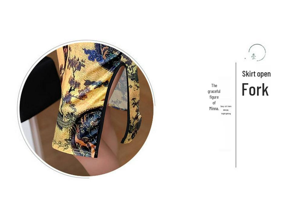 Summer Sexy Chinese-Style Printed Mid-Length Slit Dress for Women with Hollow Out Plate Buckle, Improved Qipao Design