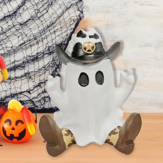 Halloween Cowboy Ghost Figurine Resin Ghost Wearing Cowboy Hat Boots Tabletop Ghost Statue for Home Party Centerpiece Indoor Outdoor