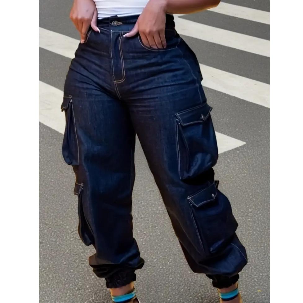 

Trendy Plus Size High-Waisted Stretchy Multi-Pocket Slimming Jeans for Women 4XL синій