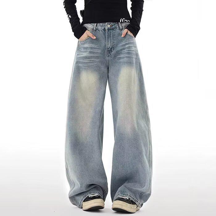 American High Street Unisex Wide-Leg Washed Denim Jeans - Casual Loose Fit for Autumn
