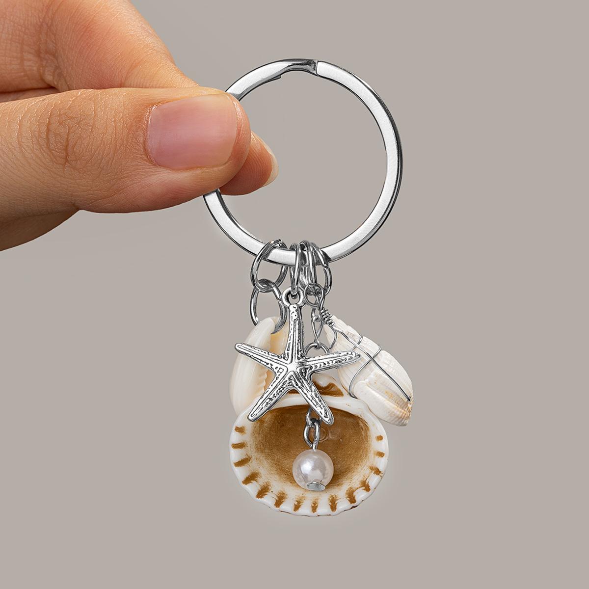 

Natural Shell Starfish Pearl Keychain Silver Ocean Style Bag Charm for Women