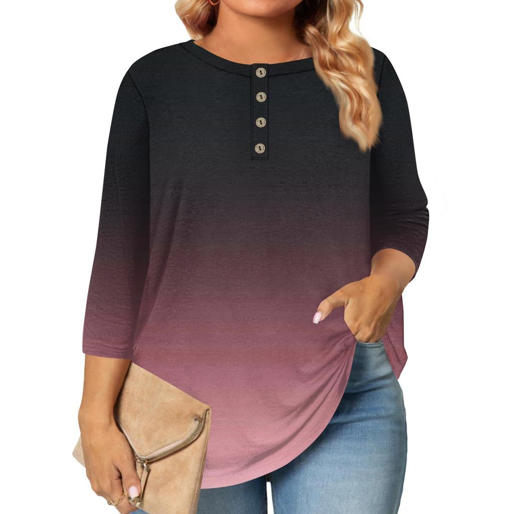 Women's Large Size Print 3/4 Sleeve Button Collar Top T-Shirt Bottoming Shirt