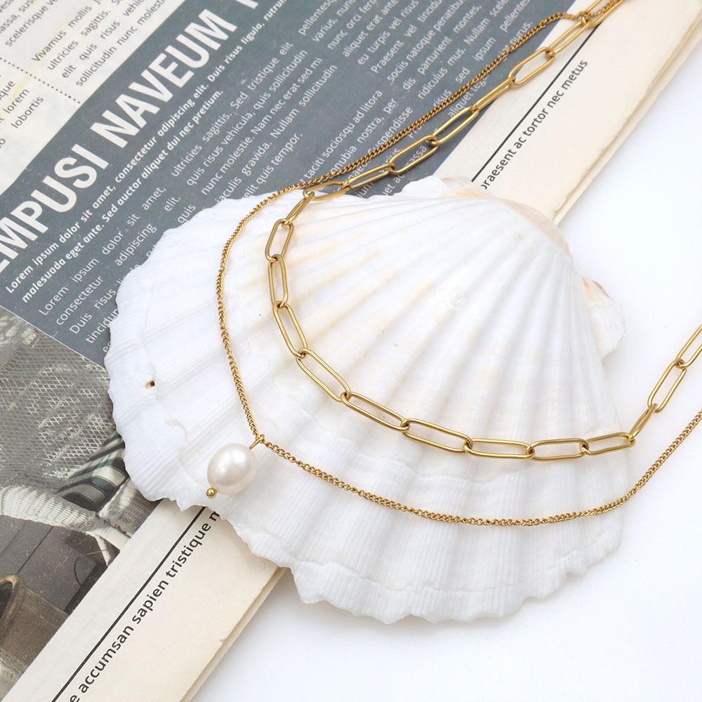 Fashion Titanium Steel Clavicle Neck Chain Trend Cold Wind Pearl Pendant Double Layer Stacked Necklace Women