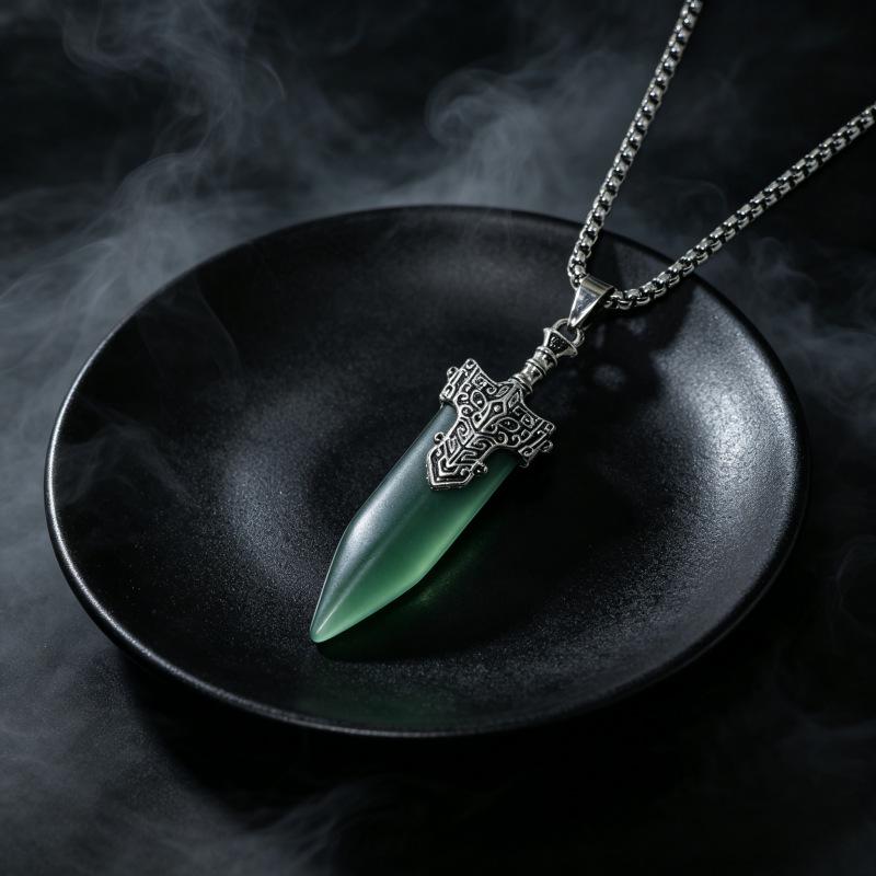 Hetian Green Jade Retro Sword Pendant: Exquisite Niche Ethnic Style Necklace Accessory