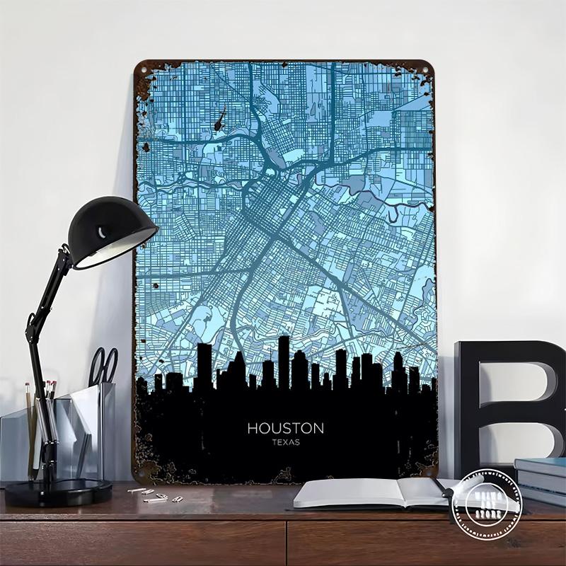 Houston Texas Skyline Map Metal Poster Customized Wall Art Retro Vintage Tinplate Signs for Man Cave Bedroom Decorations House