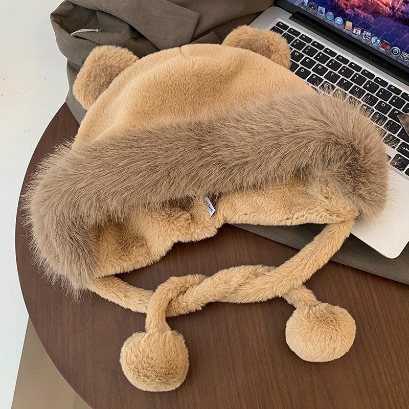 Korean Cute Bear Ear Pullover Hat for Women In Autumn and Winter Hat Plush Hat Plush Hat Thickened Outdoor Cold Protection Ear Protection Hat
