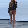 Fashion Office Lady Metal Button Back Long Sleeve Puff Shoulder Blouse Shirt Top