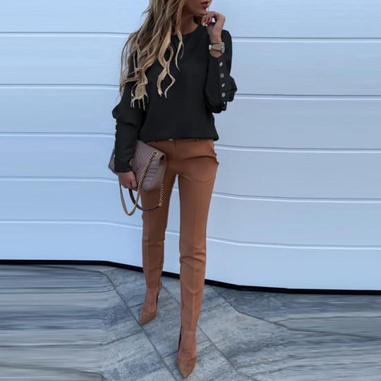 Fashion Office Lady Metal Button Back Long Sleeve Puff Shoulder Blouse Shirt Top