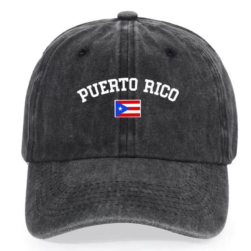 A gender-neutral Puerto Rican flag-patterned printed baseball cap that can be adjusted into an outdoor sun hat.