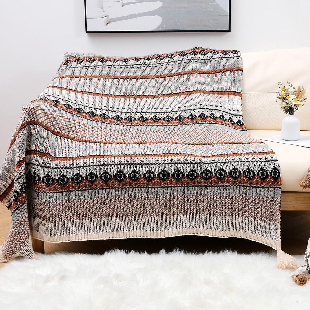 Boho Throw Blanket Ethnic Wave Tassel Knitted Sofa Cover Blanket Window Air Conditioning Blanket Cozy Office Home Napping Blanket