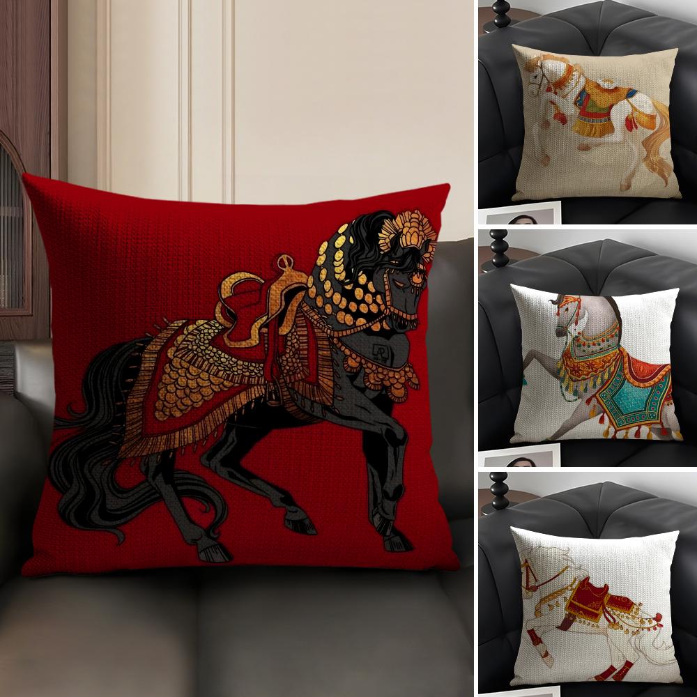 Artistic Retro Horse Cushion Cover Natural Linen Organic Fabric DoubleSided Printing Sofa Home Decor Breathable