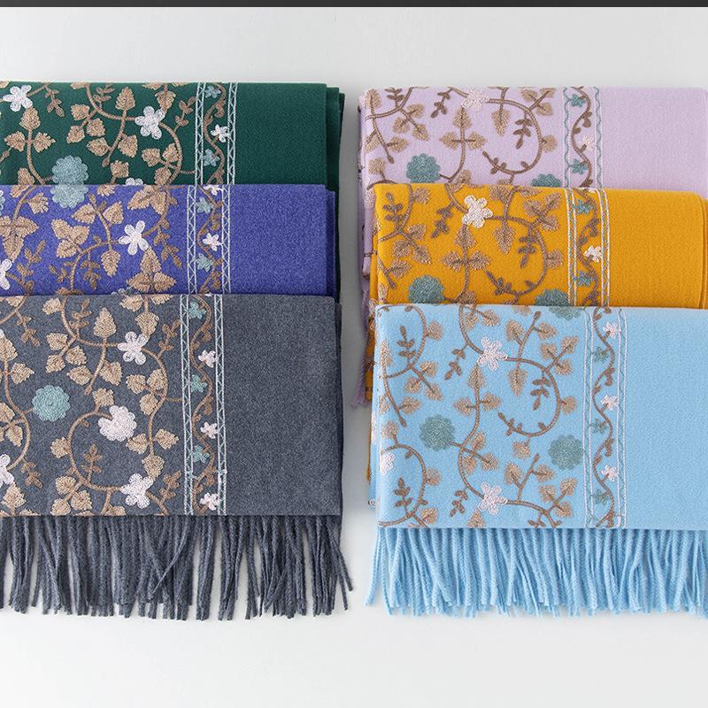 Xinjiang Embroidered Imitation Cashmere Scarf: Women’s Ethnic Style, Warm and Versatile with Tassels
