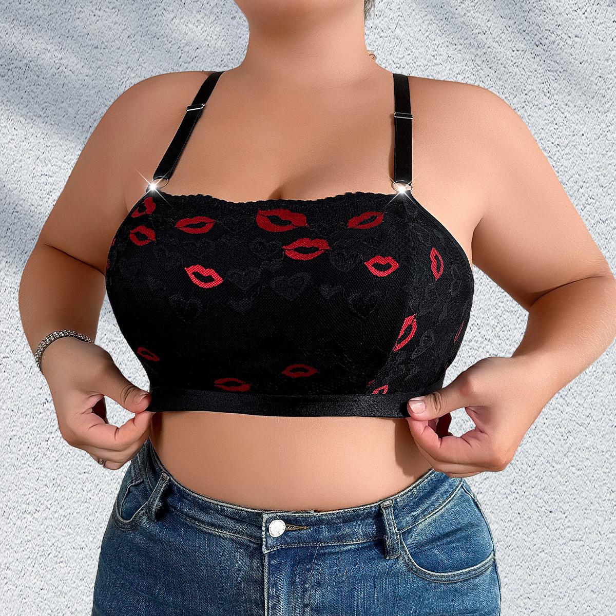 

Size Lip Print Lace Wireless Bandeau Bralette 1XL чёрный
