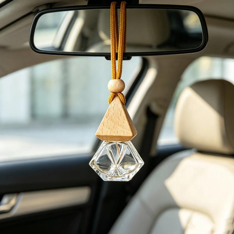 Empty Hanging Car Diffuser Bottles with Natural Wooden Lids Clear Glass Reusable for Homemade Car Air Fresheners