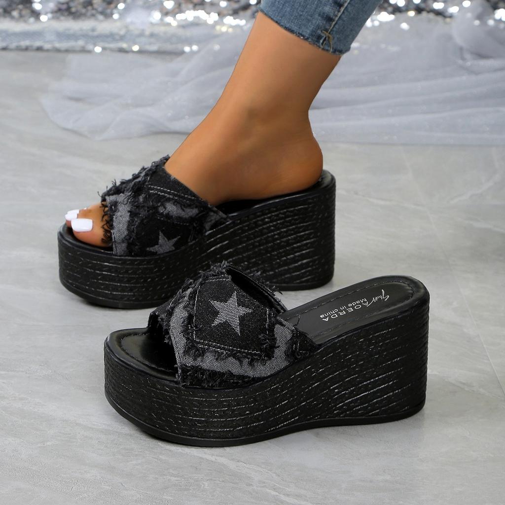 Large Size Super High Heel Slippers Denim Blue Slope Heel One-Word Slippers Wedge SlipperS
