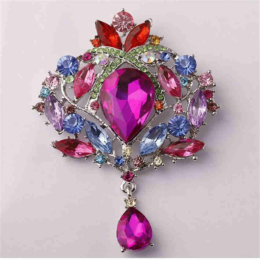 Fashion Females Glass Teardrop Pendant Gorgeous Flower Shape Large Drop Brooch Pin