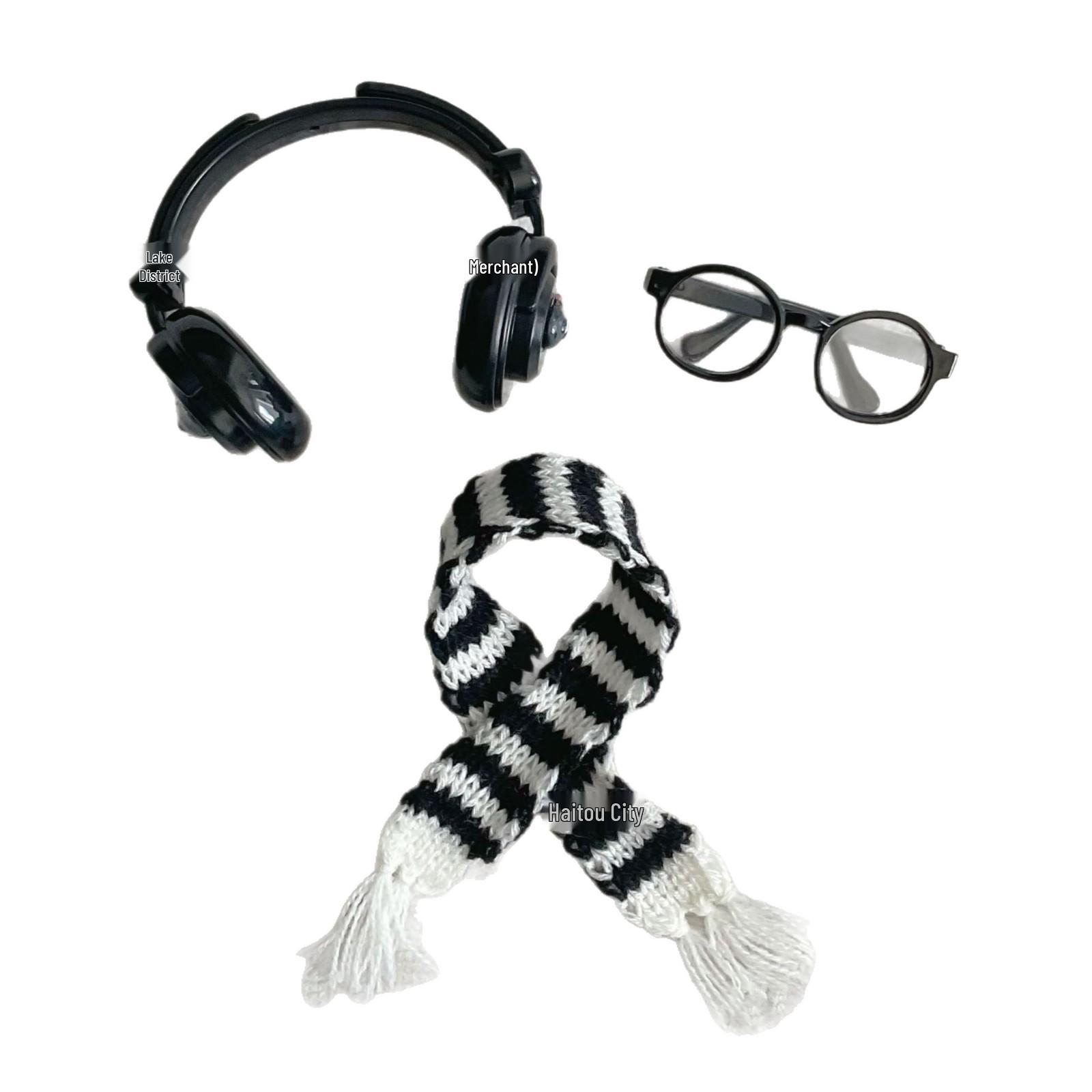 

Одежда для куклы Labubu и разноцветные регулируемые наушники Dark Brown Headset + Glasses + Scarf