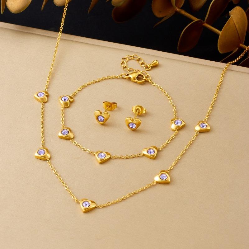 

Gold Tone Purple CZ Heart Charm Jewelry Set Necklace Bracelet Earrings золотой