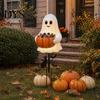 Outdoor Ghost Decorations for Yard Halloween Candy Holder Garden Stake, Cute Glowing with Pumpkin Bowl, Resin Statue Sign Front Porch, Lawn, Pathway,