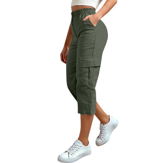 Women Cropped Pants Elastic High Waist Straight Leg Cargo Pants with Pockets Summer Casual Pants Versatile Wear
