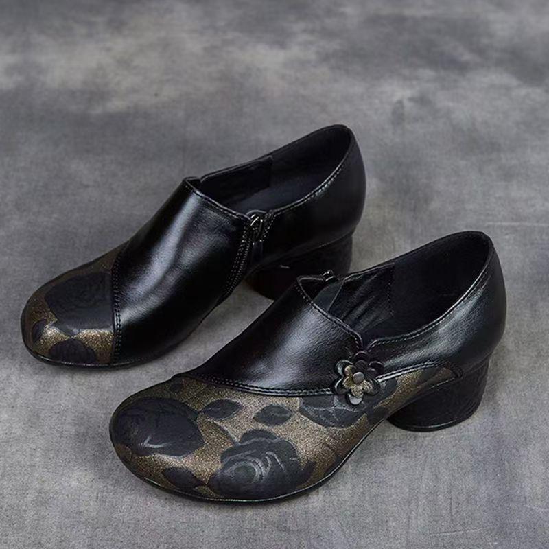 

Women s Genuine Leather Embossed Block Heel Shoes Spring Autumn New Round Toe Low Top Slip On Ethnic Style High Heel Casual Shoe 35 чорний