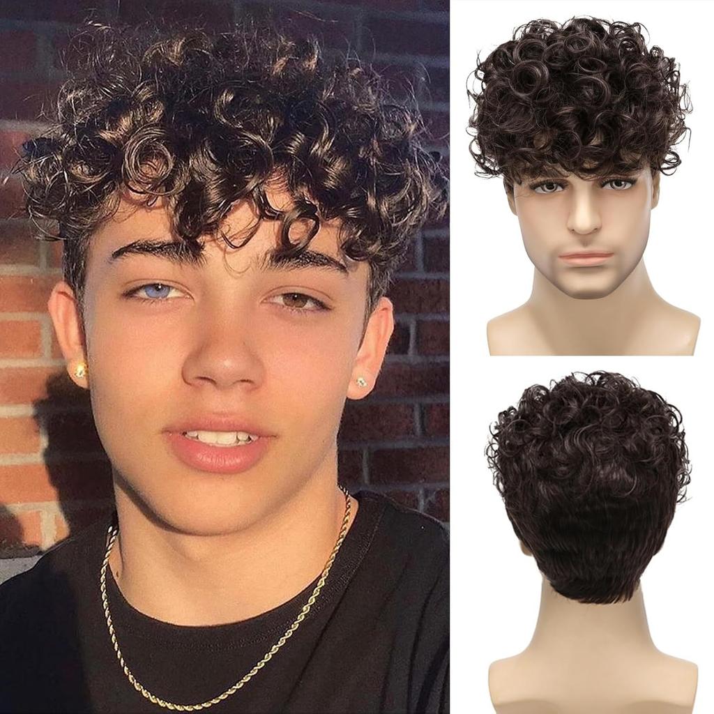 Men Short Curly Black Wigs Daily Cosplay Costume Synthetic Brown Hair With Bangs High Temperature Fiber